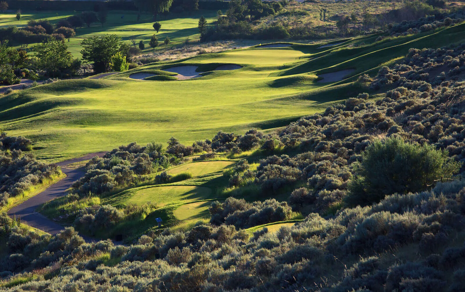 Rolling fairways and greens at Bighorn Golf Course surrounded by Kamloops sagebrush hills and scenic terrain