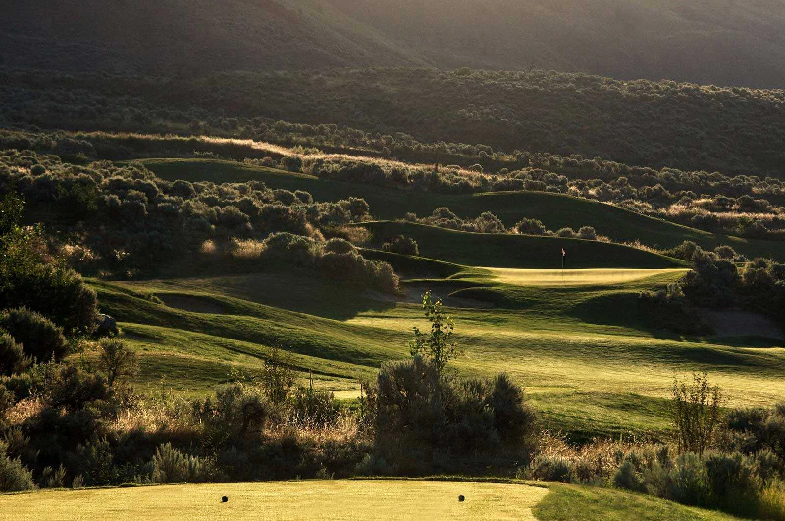 Golden hour view of rolling golf course fairways and green surrounded by Kamloops hillside landscape