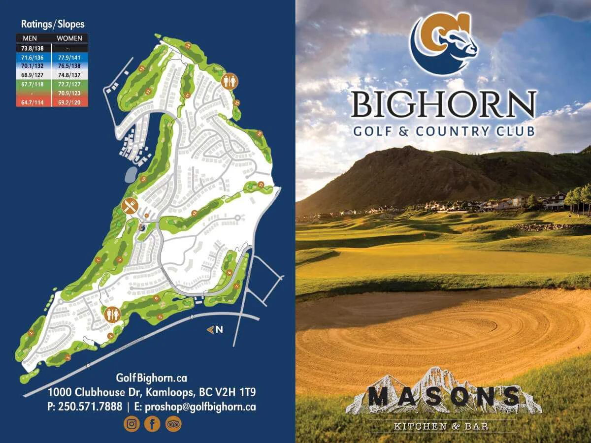 Promotional graphic featuring Bighorn Golf & Country Club course map, ratings, and scenic course view with clubhouse branding