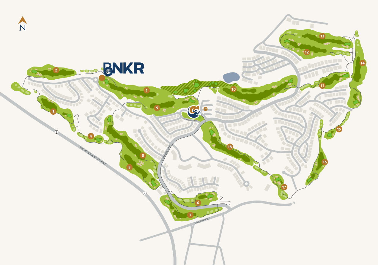 Illustrated course map of Bighorn Golf Kamloops showing all 18 holes, layout, and surrounding neighbourhood streets
