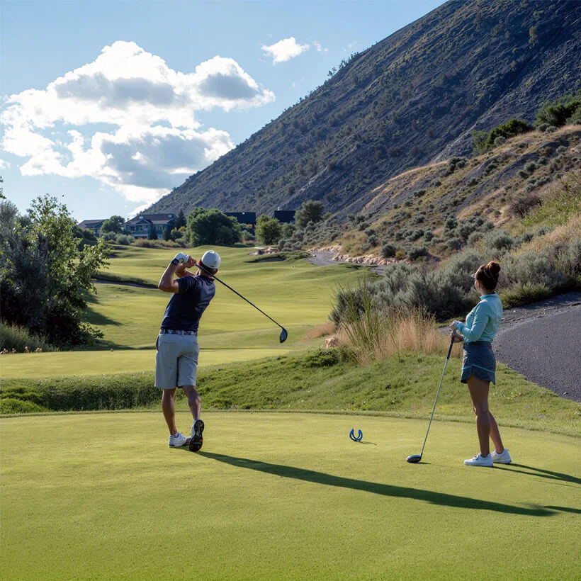 Golfers teeing off at Bighorn Golf Kamloops with rolling fairway and hillside landscape in the background