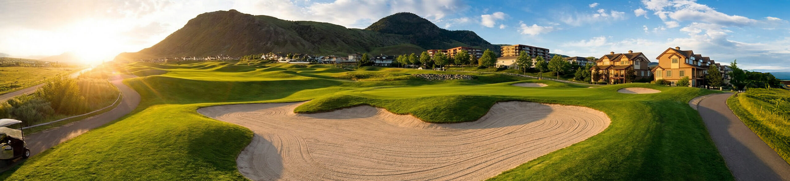 Sunlit bunker and rolling fairways at Bighorn Golf Kamloops with mountain backdrop and residential community