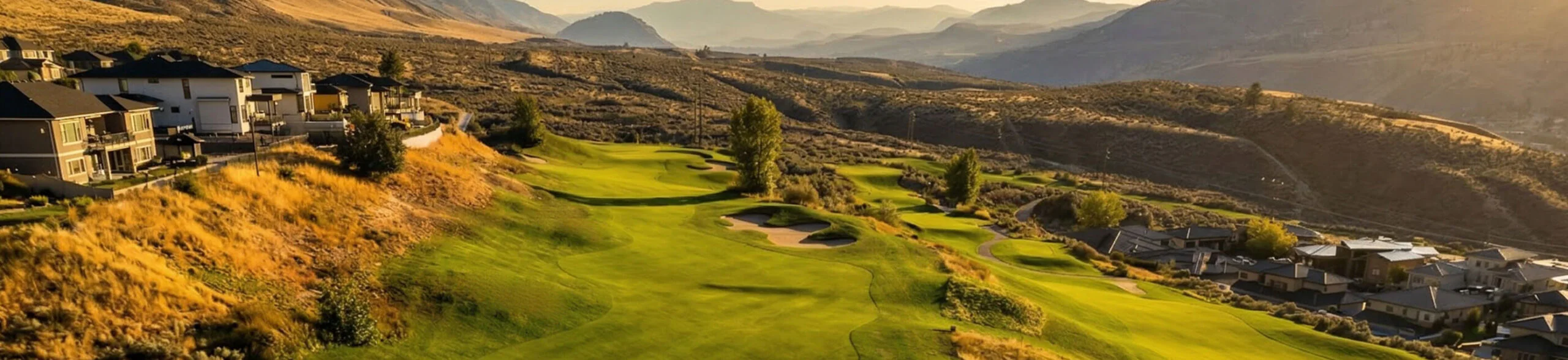 Golden hour view of Bighorn Golf Kamloops fairway winding through hillside homes and desert valley landscape