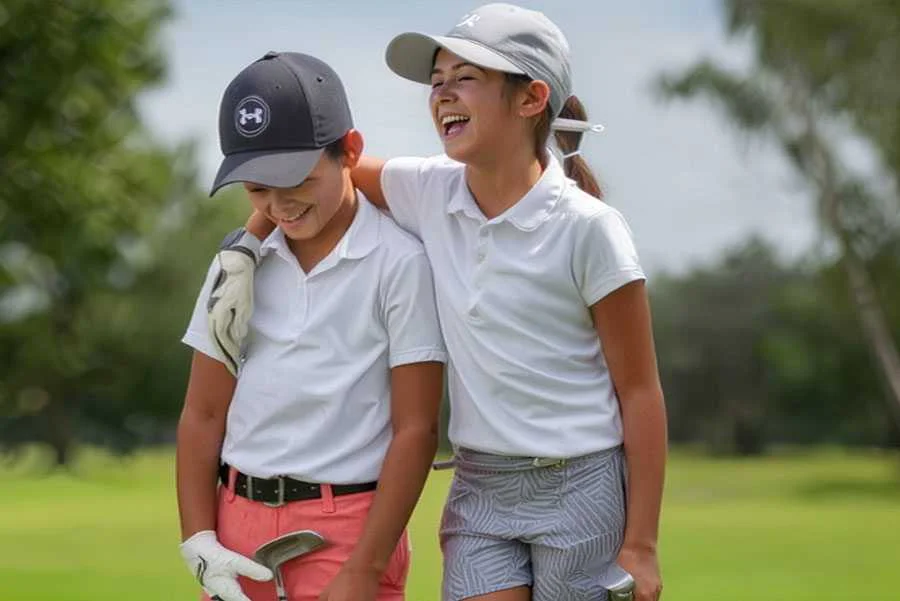 Two young golfers, a boy and a girl, walking together on a bright green course, laughing and smiling with their arms around each other while holding their clubs.