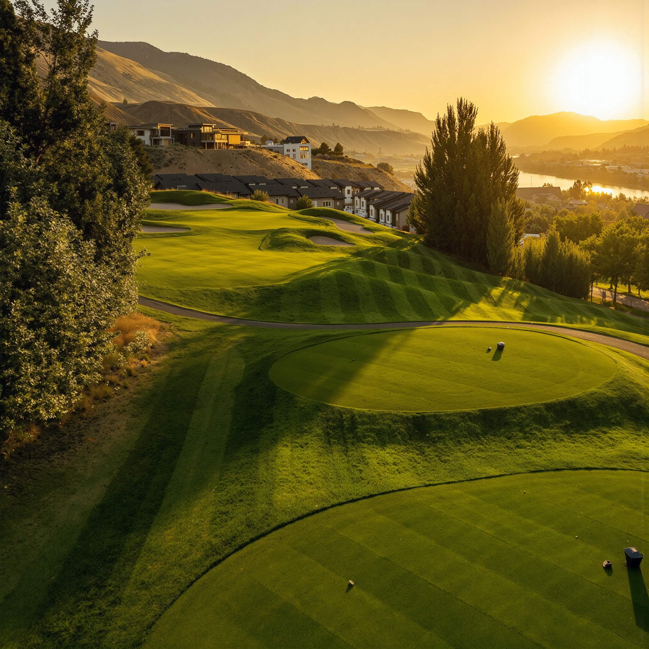 Tee boxes overlooking sculpted fairways and river valley at Bighorn Golf Kamloops during sunset