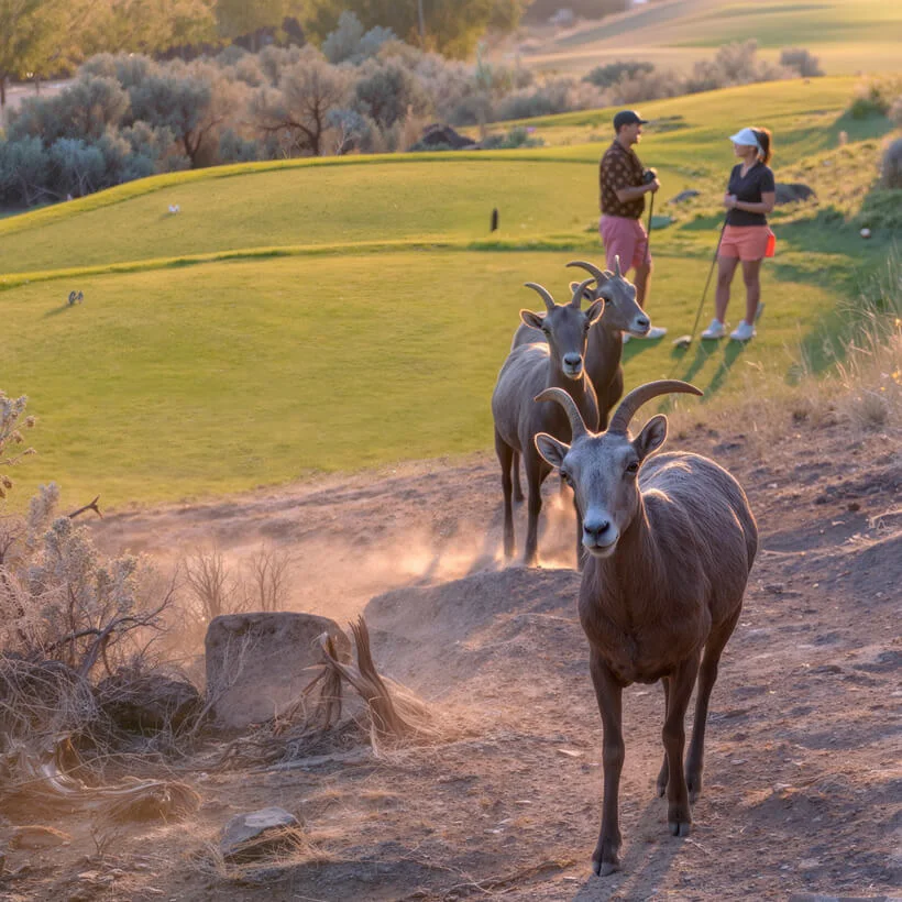 Bighorn sheep walking along hillside near green at Bighorn Golf Kamloops with golfers in background
